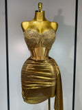 Women Birthday Party Rhinestones Tassels Transparent Short Dress Dance Show 2025 New Sexy Fashion Gold Sparkly Stage Costume