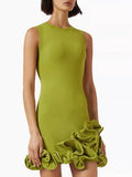 Sleeveless Crew Neck Knit Mini Dress for Women Solid Color 3D Layered Ruffle Trim Bodycon for Club Cocktail Night Out Party