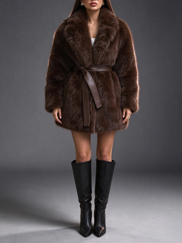 Luxury Faux Fur Shawl Lapel Midi Coat for Women Long Sleeve PU Leather Tie Waist Belt for Winter Daily Party Going Out Wear