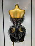 Sparkly Rhinestone Strapless Black Mesh See Through Mini Dress Women Eveing Party Birthday Singer DJ Nightclub Bar Stage Costume