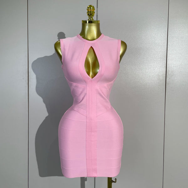 Elegant Pink Hollow Out Slim Bodycon Bandage Short Dress Women Celebrity Evening Club Party Prom Gown Birthday Dress Vestido