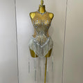 Sliver Sequins Shining Diamonds Sexy Mesh Long Tassel Bodysuit Women Nightclub Party Birthday Stage Performance Costume