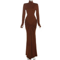 Sexy Backless Long Dress For Women Turtleneck Evening Party Ruched Dress Elegant Solid Long Sleeve Streetwear Maxi Dress