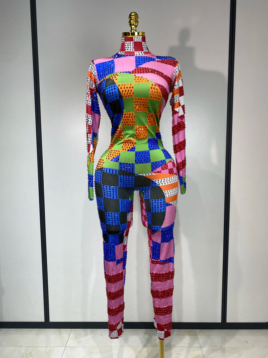 Colorful Printed Sparkly Rhinestones Jumpsuit Women Sexy Long Sleeve Performance Dance Costume Stage Evening Party Club Outfit