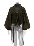 Vintage Drawstring Women Shirts Lapel Collar Long Sleeve Loose Shirt for Street Gathering Wear Fashion Autumn New