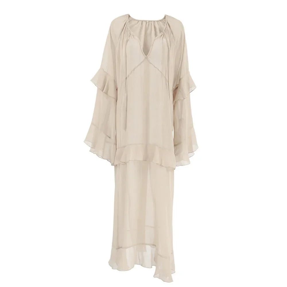 Solid Spliced Mesh Loose Dresses for Women V Neck Long Sleeve High Waist Loose Casual Dress Female New