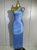 Women Elegant Evening Party Cocktail Club Prom Gowns Birthday Dress Sexy One Shoulder Tassels Sky Blue Bodycon Bandage Dress