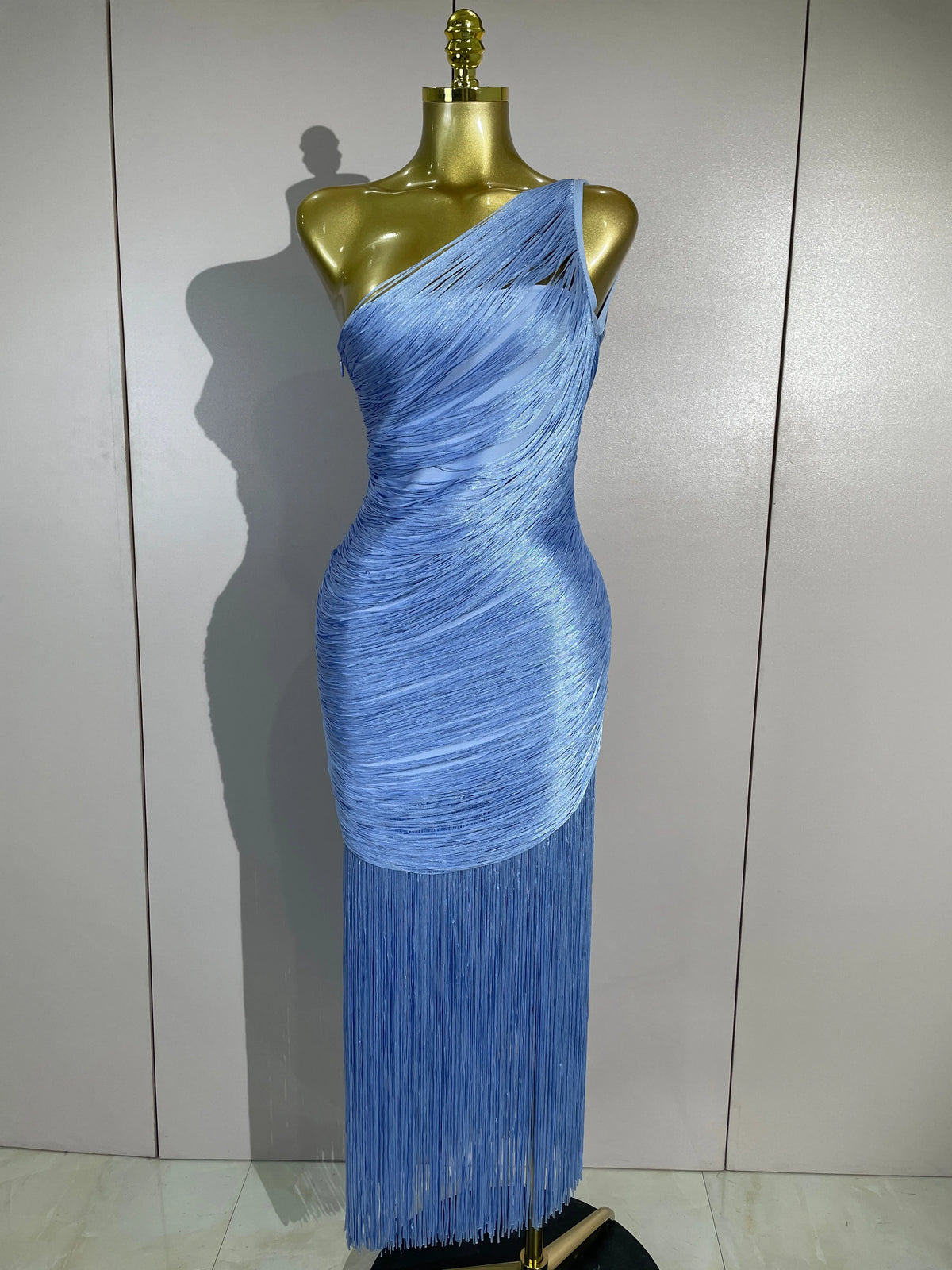 Women Elegant Evening Party Cocktail Club Prom Gowns Birthday Dress Sexy One Shoulder Tassels Sky Blue Bodycon Bandage Dress