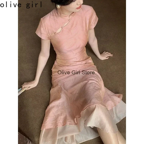 Olive Girl Green Romantic Qipao for Garden Wedding 2026 Fairycore Photoshoot Everyday Wear S-XXL XS-3XL Plus Size Romantic Garden Party Editorial Not Costume Qipao Cheongsam Chinese Dress Chinese Heritage Fashion Women