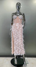 Women's Luxury Feather Rhinestone Beaded Glam Sheer High Slit Tube Top Dress Fashion Hot Birthday Party Banquet Performance Gown