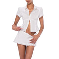 Solid Two Peice Set for Women Lapel Short Sleeve Shirt Low Waist Spliced Fungus Edge Mini Skirt Sweet Suit Female