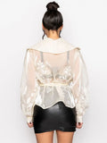 Solid Casual Patchwork Lace Up Blouse For Women V Neck Long Sleeve Spliced Mesh Embroidery Blouses Female Fashion