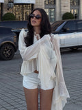 Ruffle Trim Sheer Long Sleeve Cropped Blouse Cuff Tie-Front Sheer Chiffon 2026 Summer Coquette Women Beach Casual Cover-Up Top