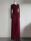 Elegant Women Pleated Solid Slim Maxi Dresses Women V Neck Long Sleeve High Waist Long Dress Female Party Prom Gowns