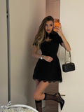 Sexy Lace Spliced Stand Collar Dress Women Summer Solid Slim High Waist Short Sleeves Leisure Dress Female Party Dress