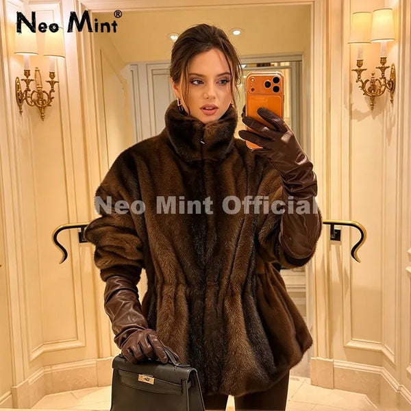 Iconic Blogger Fashion Vintage Striped Sable Mink Peplum Jacket Women 2026 Winter Luxury Brand Faux Fur Coat Outerwears