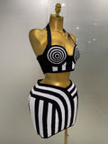 New Women Celebrity Sexy Jacquard Black White Two Piece Bodycon Striped Bandage Skirt Set Designer Evening Party Dress