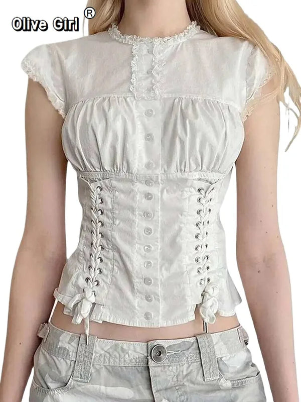 Olive Girl White Romantic Embroidered Top Fairycore 2026 Everyday Wear S-L XS-3XL Plus Size Romantic Garden Party Editorial Not Costume Embroidered Top Chinese Top Blouse Chinese Heritage Fashion Women