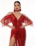 Sexy Sparkly Red Diamonds Tassel Mesh See Through Long Dress Women Eveing Birthday Party Nightclub Singer Stage PhotoShoot Wear