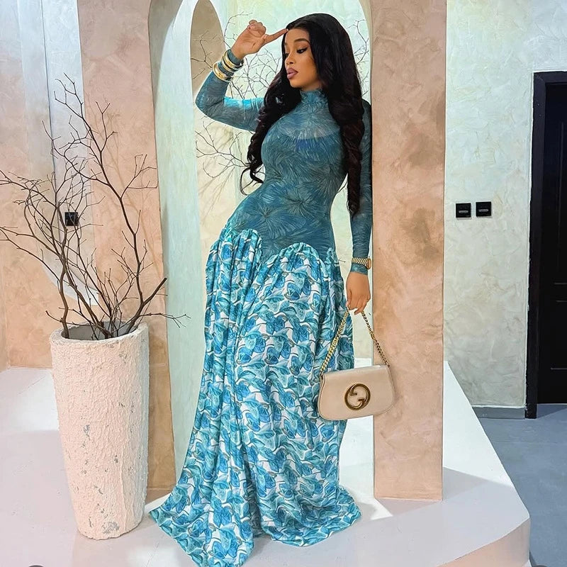 Leaf Print Patchwork Smock Midi A-Line Maxi Dress For Women Elegant Boho Evening Birthday Party Wedding Guest Outfit For Teens