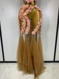 Women Sexy Strapless Flower Sheer Two Pieces Set Bodycon Nightclub Evening Party Birthday Singer Stage PerformanceOutfit