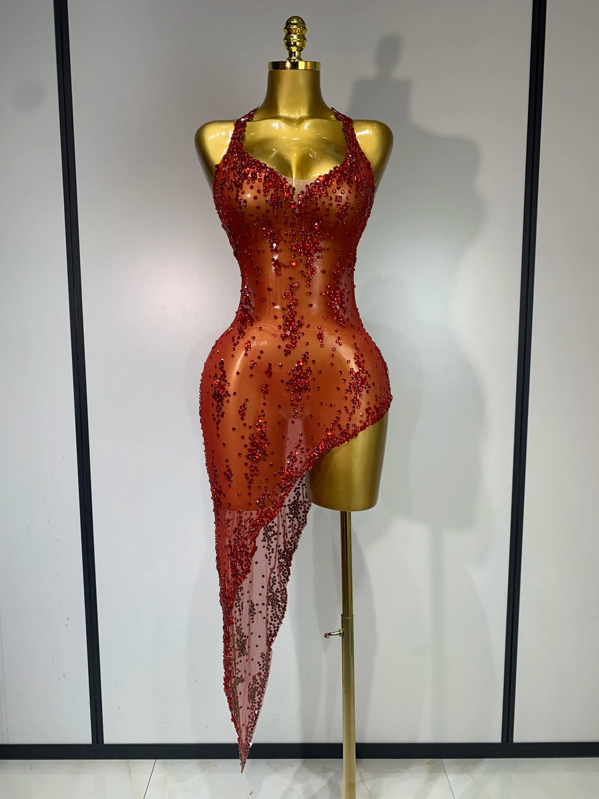 Sparkly Crystal Diamond Gold Sexy See-Through Sheath Dress Nightclub Performance Custome Stage Wear Birthday Evening Party Dress