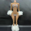 New Sexy See-through Red Fur Stone Club Wear Jumpsuit Long Women's Jumpsuit Rhinestone Mesh Jumpsuit