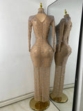 Sparkly Rhinestone Women Sexy Mesh See Through Floor Length Long Sleeve Birthday Dress Party Nightclub Stage Wear