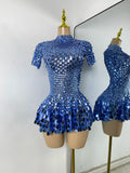 Sexy Women Short Sleeve Sparkly Sequins Stage Dress Luxury Evening Party Nightclub Performance Costume Stage Wear