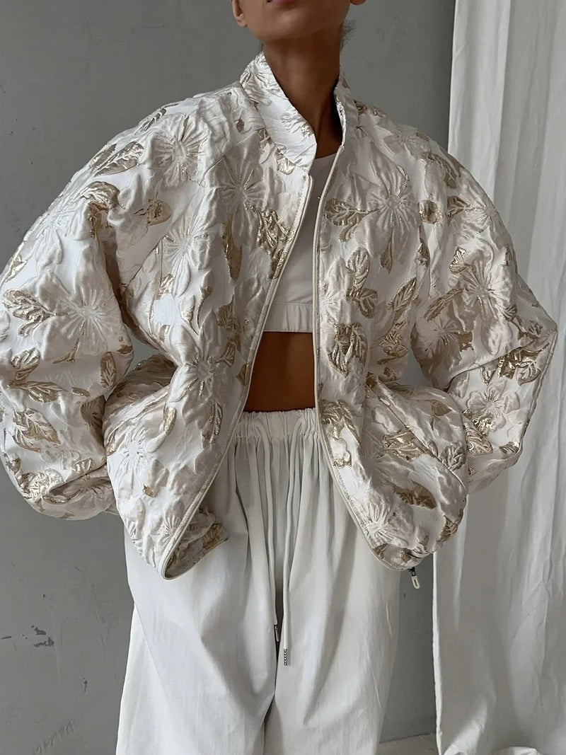 Stand Collar Jacquard Bomber Jacket Women Chic Long Sleeves Zip‑front Loose Fit Short Coat Lady Autumn High Street Outwear New