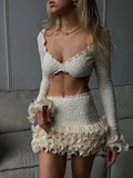 White Spliced Fungus Two Piece Set Female V Neck Long Sleeve Vest Beach Vacation Women's Skirt Sets Summer Fashion