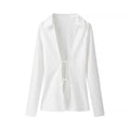 Solid Loose Temperament Blouse for Women Lapel Long Sleeves Patchwork Lace Up Elegant Top Female Fashion Clothing