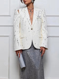 Ink Splashing Print Fashion Blazer for Women Notched Collar Long Sleeve Hollow Out Design Loose Coat Female Autumn