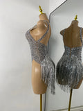 Sexy Mesh See Through Bodysuit Women Glitter Rhinestones Tassel Sleeveless Performance Dance Costume Nightclub Bar Stage Wear