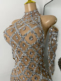Luxury Women Sexy Sparkly Sequins Halter with Sleeves Mesh Mini Bodycon Nightclub Birthday Dress Party Performance Costume