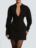 Modern Buttons Mini Women Dresses V Neck Long Sleeve Fitted Dress for Cocktail Party Date Wear Fashion Summer New