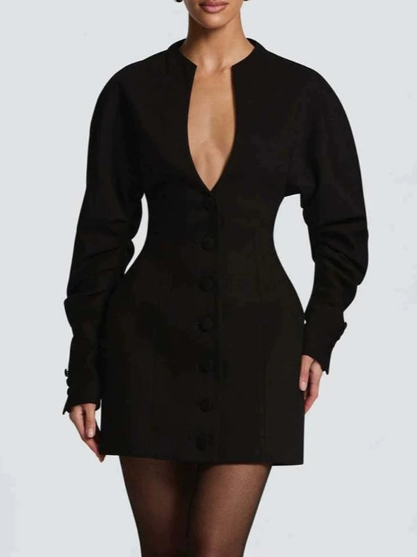 Modern Buttons Mini Women Dresses V Neck Long Sleeve Fitted Dress for Cocktail Party Date Wear Fashion Summer New
