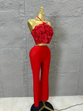 Elegant Two Piece Set Women Halter 3D Flower Crop Top High Waist Flare Pants Bandage Suit Party Casual Formal Wear