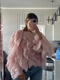 Solid Patchwork Folds Shirts For Women Round Neck Lantern Sleeve Spliced Lace Up Loose Pullover Blouse Female Style