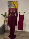 Fall Women Long Sleeve Stacked Mesh See Though with Lining Bodycon Long Dress Evening Birthday Sexy Party Dresses