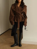 Chic Lace Up Women Jackets Lapel Collar Long Sleeve Loose Jacket for Street Stroll Casual Gathering Wear Fashion