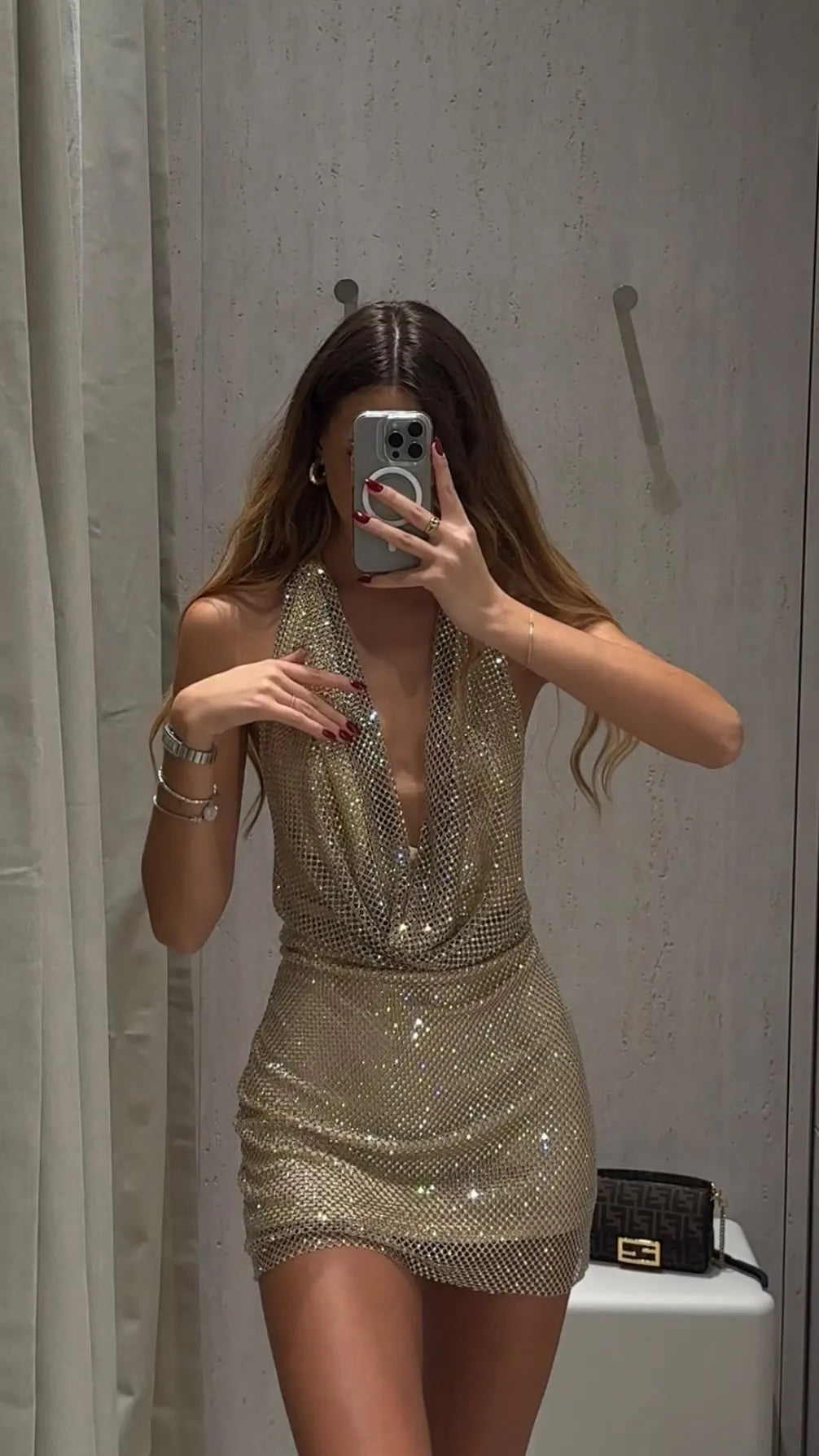 Hot Diamond Swinging Neck Halter Mini Dress Women Sexy Sleeveless Backless Waist Cinching Dresses Lady Chic Vacation Party Gown