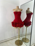 Sexy Strapless Backless Ruffles Red Bandage Short Dress for Women Elegant Luxury Deisnger Evening Party Brithday Club Outfit
