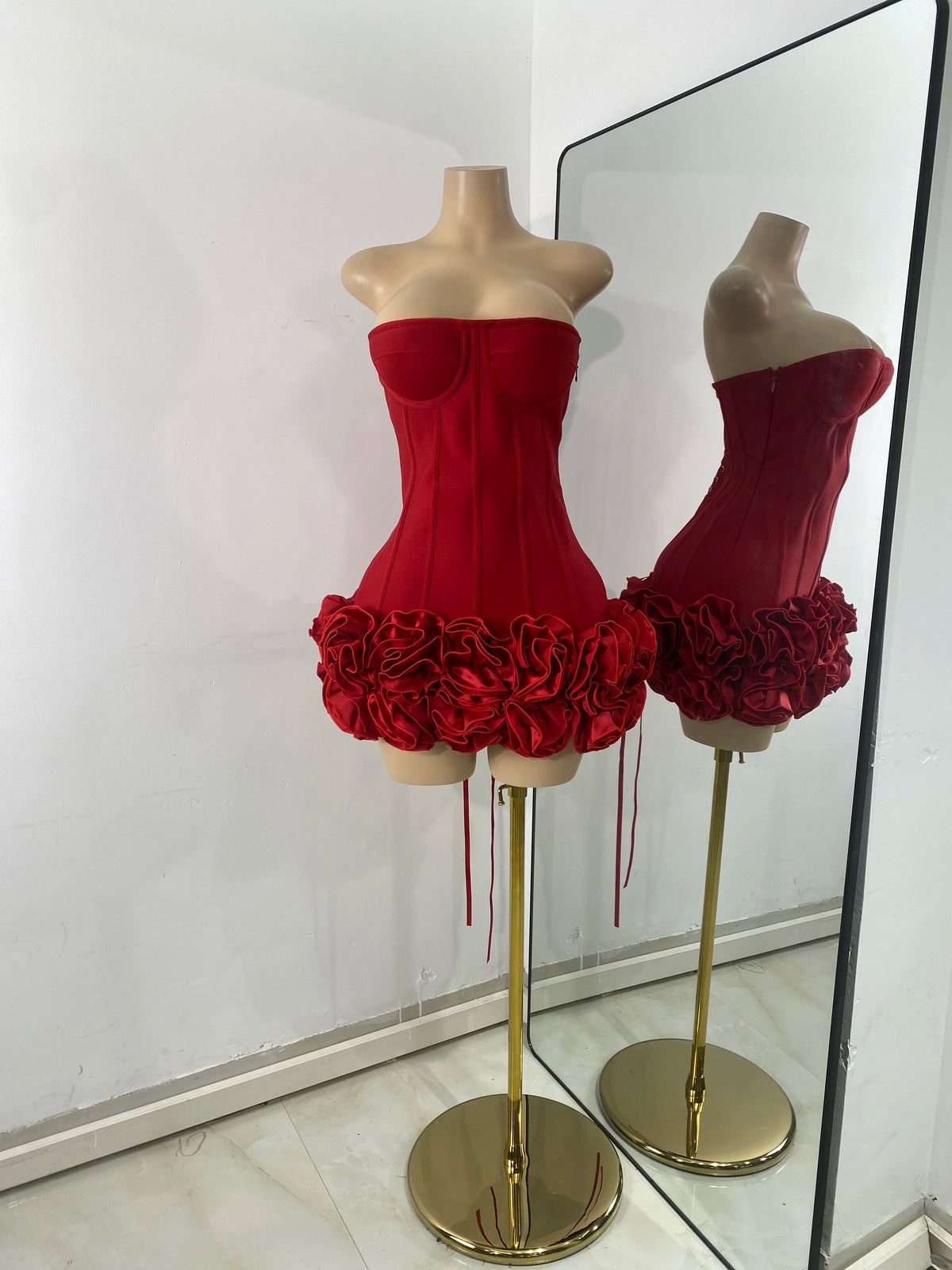 Sexy Strapless Backless Ruffles Red Bandage Short Dress for Women Elegant Luxury Deisnger Evening Party Brithday Club Outfit