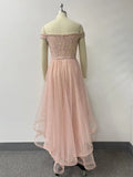 Sexy Shoulder Bared Formal Evening Gown with Asymmetrical Hem Tulle Ball Dress Glitter Birthday Party Christmas Dresses
