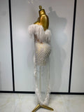 Women Sparkly Rhinestone Tassel Off The Shoulder Mesh See Through Long Dress Sexy Eveing Party Birthday Nightclub Stage Costume