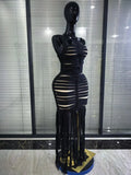 Black Color Women Sleeveless Sexy Square Collar Bodycon Fringes Bandage Long Dress Elegant Evening Party Celebrate Outfit