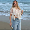 Sexy Cape Style Lace Perspective Top Women Half High Neck Short Sleeve Solid Irregular Pullover Lady Chic Casual Beach Top Cloth
