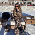 Women Leopard Print Hooded Ski Suit Set Waterproof Windproof Snow Jacket Pants Two Piece Outfit Winter Snowboard Skiing Costume