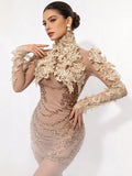 Sexy Embroidery Sequins Sparkly Diamonds Long Sleeves Mesh Mini Dress Birthday Evening Party PhotoShoot Nightclub Stage Costume